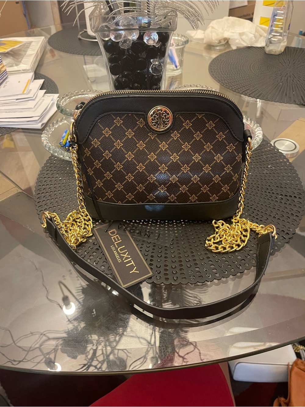 Deluxity Brown Patterned Crossbody Bag with Gold Chain